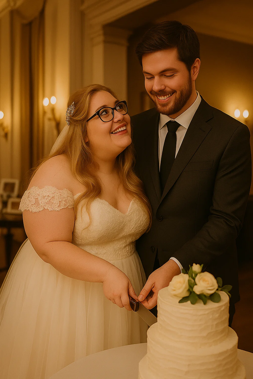 Bräutigam-Double Sebastian beim gemeinsamen Anschneinden der Hochzeitstorte